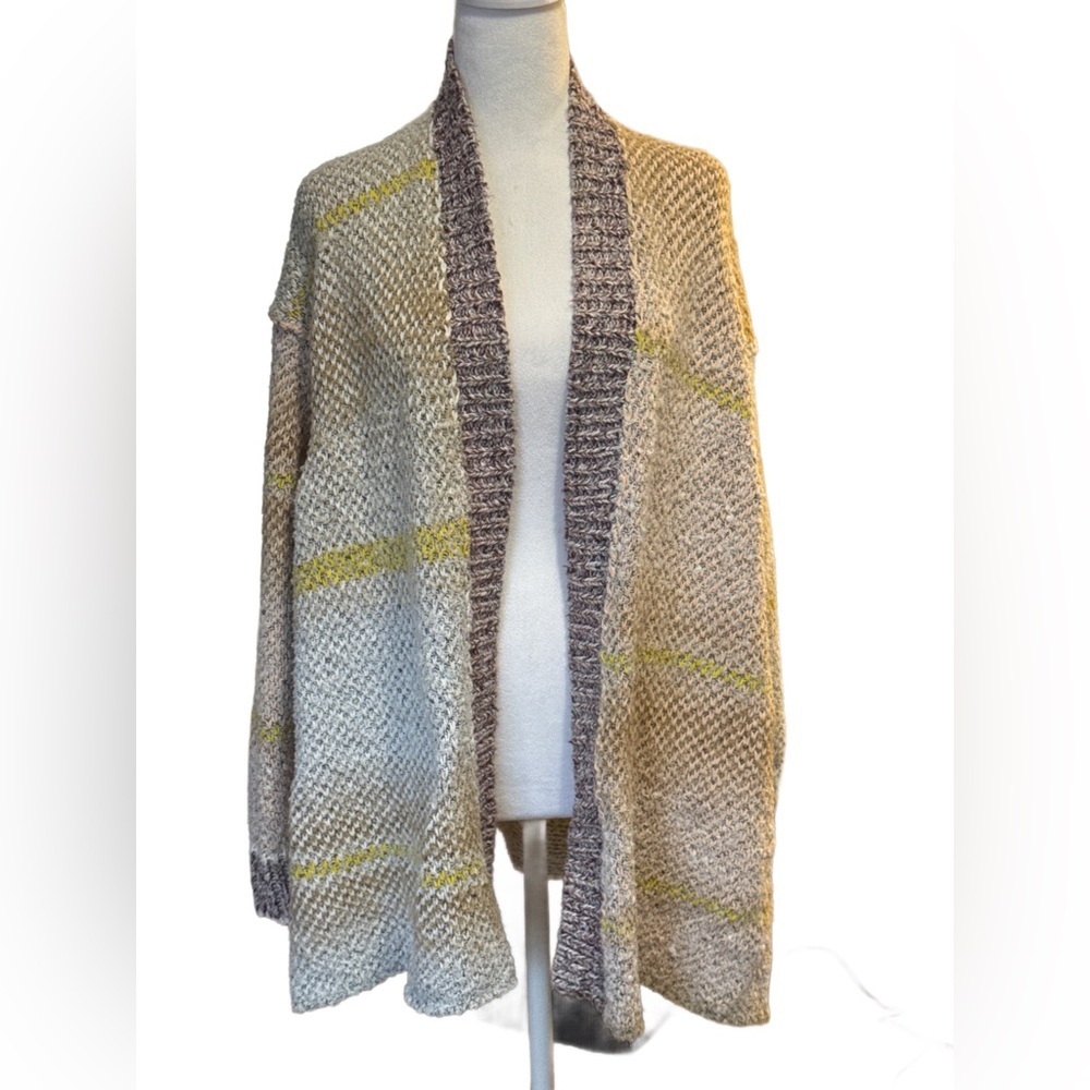 Free People Open Front Knit Cardigan XS Oversized Cream Gray Yellow Pink